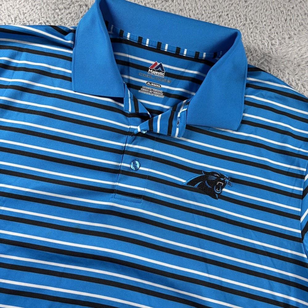 North Carolina Panthers Polo Shirt Mens XL Blue Stripe NFL Majestic Cool Base